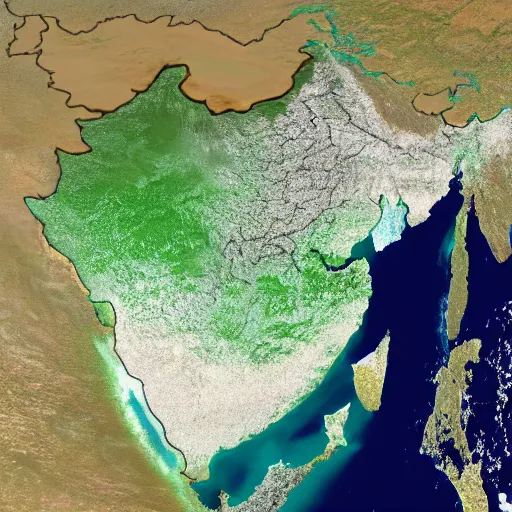 Image similar to map of india, glowing with bright white light, photographed from space