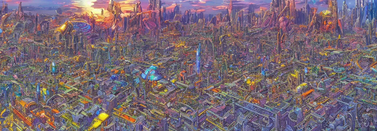 Prompt: beautiful landscape mural of a great advanced futuristic city in an alien planet, futuristic landscape, vivid colors, intricate, highly detailed, masterful, fantasy world, in the style of moebius, akira toriyama, jean giraud