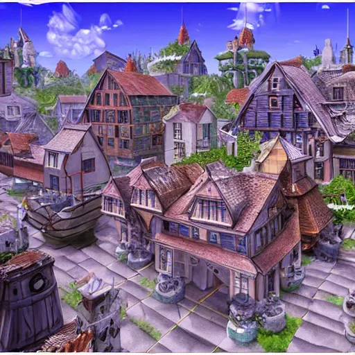 Image similar to magical final fantasy inspired town, european, highly detailed, unreal engine, concept art