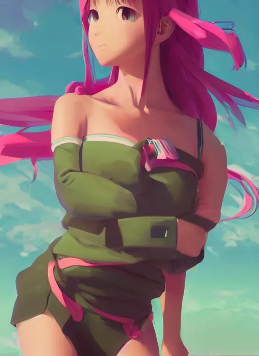 Image similar to a beautiful woman wearing pink school girls unform, bright colors, highly detailed, green ocean background, concept art, matte, trending on artstation, anime, art by wlop and artgerm and greg rutkowski, ilya kuvshinov, strong strokes, photo of asuna from sao