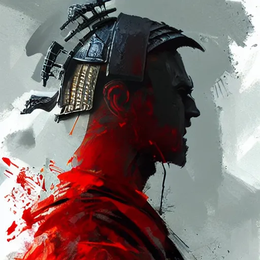 Image similar to artwork by Craig Mullins and Russ Mills and SPARTH showing a samurai in front of a red circle