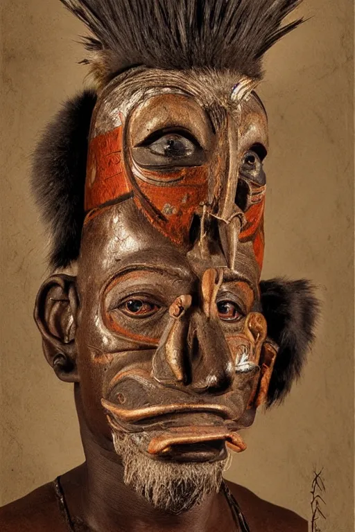 Prompt: portrait, headshot, digital painting, an old witchdoctor in african benin wooden painted ritual animal mask, realistic, hyperdetailed, chiaroscuro, concept art, art by frans hals