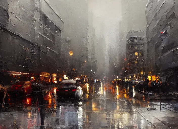 Image similar to a cityscape in winter painted by jeremy mann, street - level, dripping oil paint, thick brushstrokes, abstracted painterly techniques, high resolution