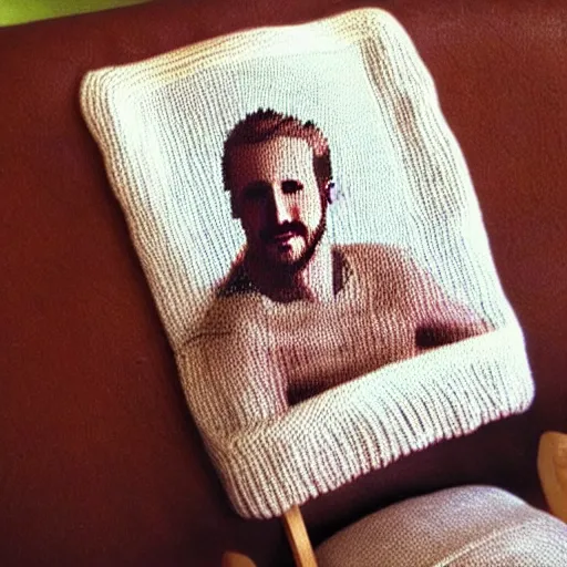 Image similar to Knitted from yarn Ryan Gosling is sitting on a rocking chair, realism, proportions,