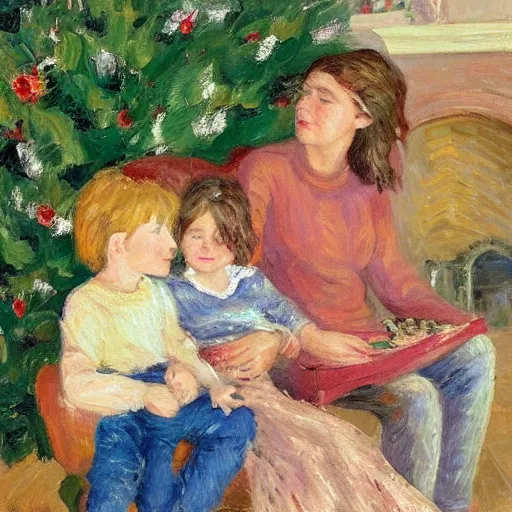 Prompt: “an impressionist painting of a family sitting in the foreground there’s a beautiful woman with a symmetric face with two young children on her lap, a boy and a girl. There’s a Christmas tree and a log fire burning in the background. On the sofa in the background a scruffy homeless man sleeping.”