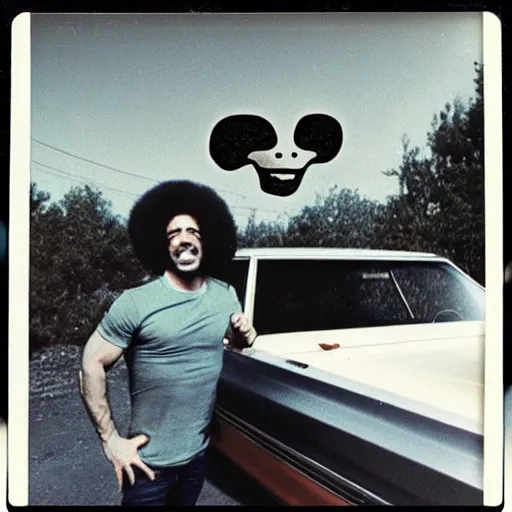 Image similar to joe rogan with an afro, 1 9 7 0's, pontiac car, new jersey, polaroid photo, alien buddy, leaning on car, relaxed and happy, alien buddy is pointing at the sky, laughing. 1 9 7 6, award winning photo