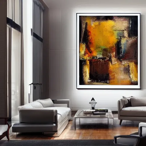 Image similar to mockup photo of luxury contemporary interior with large contemporary paintings for rich collectors, trending on pinterest, sharp hdr cinematic lighting 8 k