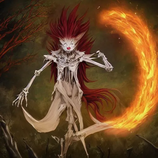 Prompt: art by yuji ikehata of a foxfolk character, that has a skeletal mouth, and a long albino peacock tail fanned out, also wearing long intricate full body mage robes and casting a powerful glowing spell from hands for necromancy at night in a graveyard that is nongraphic, screenshot, anime, vhs, halloween decorations, spirits, realistic