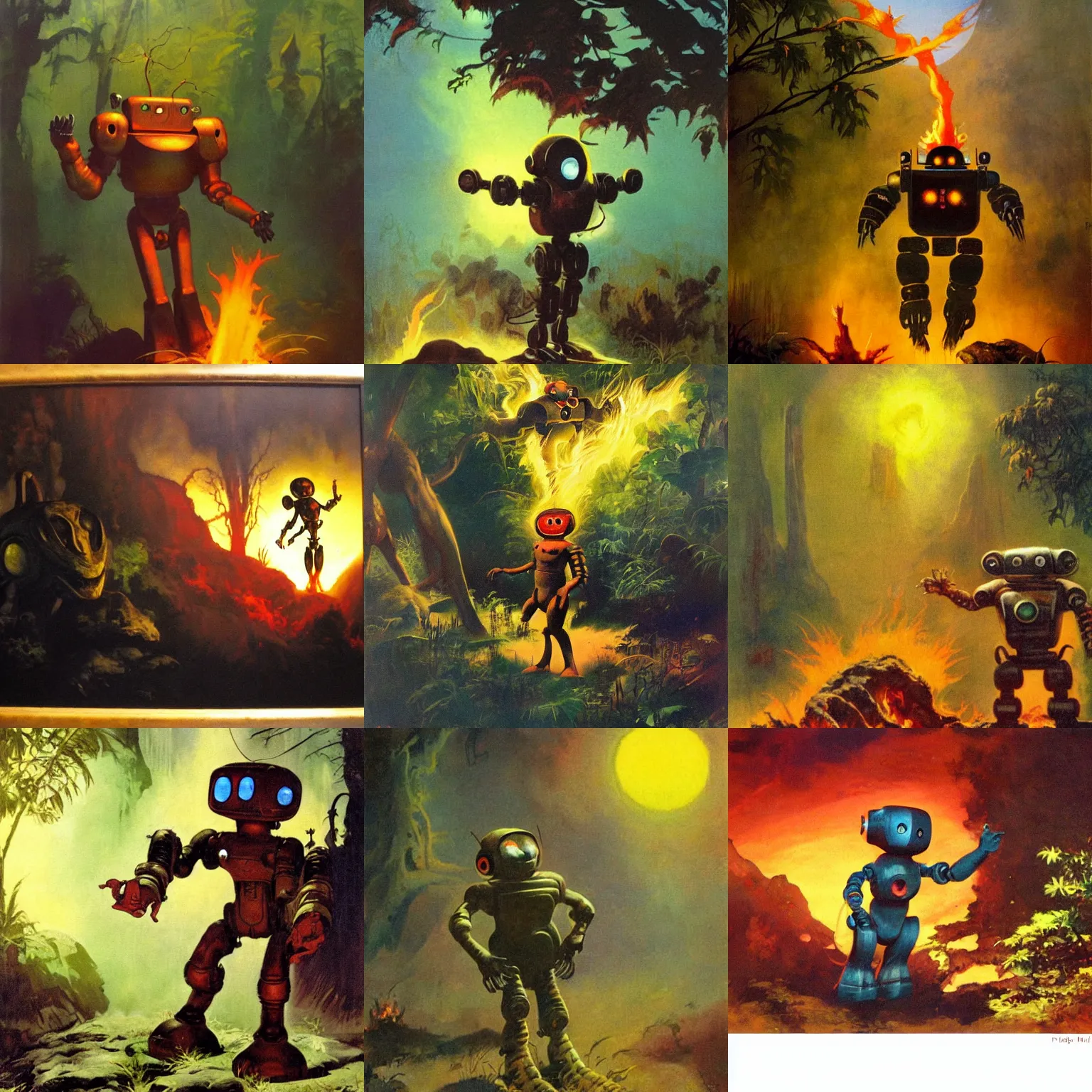 Prompt: frazetta painting of child robot on fire wandering in mystic jungle towards the sunset, backlight