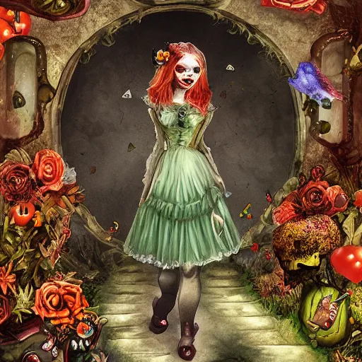 Image similar to Hell and heaven, captured in bottles, a heart full of envy, The Autumn Plague Gardener, the theme of Alice in Wonderland, digital painting, its softness partakes of fluidity, illustration, deep dark, artstation, intricate, biodiversity in a world of change and constancy, ue5, by deiv calviz and bossmonsterbani