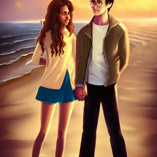 Image similar to Harry Potter Ron and hermione at the beach, digital art, trending on artstation