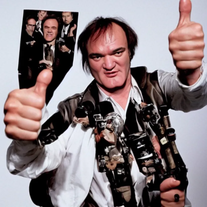 Image similar to quentin tarantino seal of approval, giving thumbs up. white background.