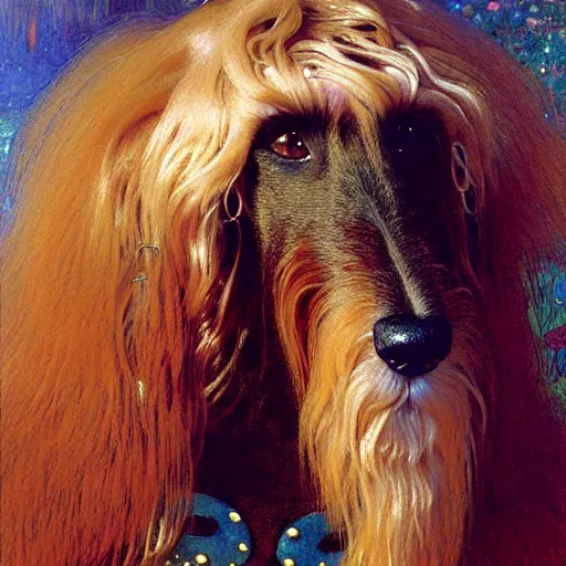 Image similar to portrait of a male furry afghan hound dog in a swimsuit. shadowrun furaffiniy cyberpunk fantasy highly detailed painting by gaston bussiere craig mullins jc leyendecker gustav klimt artgerm greg rutkowski john berkey, bergey, craig mullins, ruan jia, raymond swanland, jeremy mann, tom lovell, alex malveda