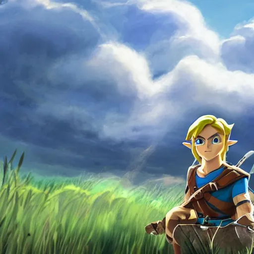Prompt: A photo of Link from Zelda sitting in a field on a sunny day with clouds in the sky, he is happy