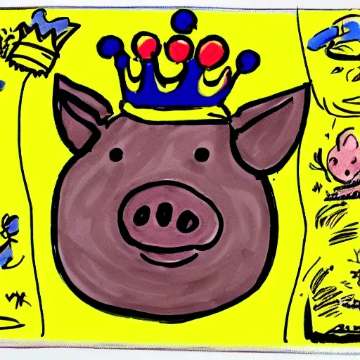 Image similar to concept sketches of a pig wearing a gold crown by Bill Watterson, in the style of 1970s cartoons