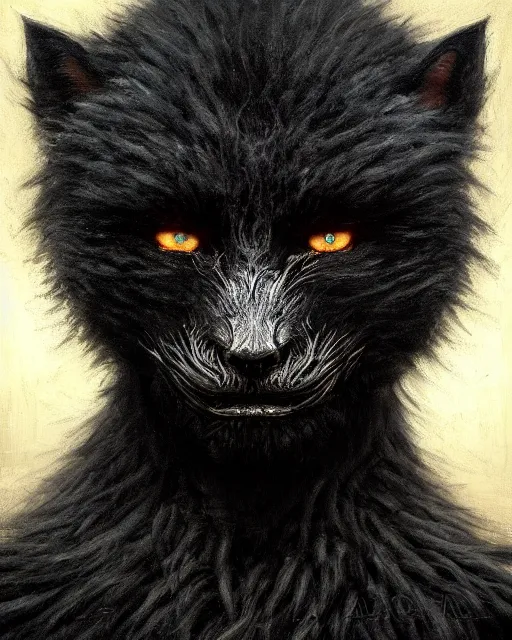 Image similar to a portrait of black furry shadow nightmare monster made of black smoke, surrounded by black, illustration, dramatic lighting, soft details, painting oil on canvas, art nouveau, octane render, HDR, 4k, 8k, HD, by Edmund Blair Leighton, Brom, Charlie Bowater, trending on artstation, Tom Bagshaw, faces by otto Schmidt