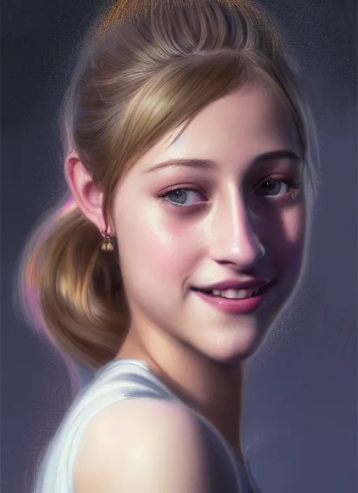 Image similar to portrait of teenage lili reinhart with bangs, smiling kindly, bangs, 1 9 6 0 s, ponytail, bangs and ponytail, intricate, elegant, glowing lights, highly detailed, digital painting, artstation, concept art, smooth, sharp focus, illustration, art by wlop, mars ravelo and greg rutkowski