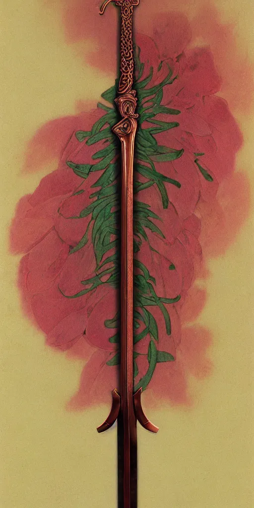 Image similar to a sword made from flower petals in the style of zdzisław beksinski, elegant, thin, polished blade, copper and emerald