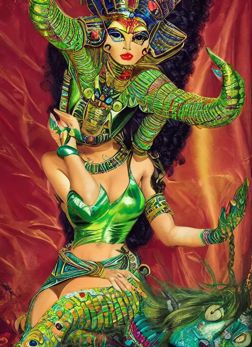 Prompt: green haired woman with six arms and animal horns in psychedlic clothing and egyptian makeup, detailed arms, detailed legs, detailed face, extremely detailed frontal declotage and thick flowing hair, Egyptian makeup, psychedelic clothing, american postcard art style, by Gil Elvgren, Julie Bell, krenz cushart, Greg Hildebrandt and Randolph Stanley Hewton, fantasy, intricate complexity, female facial structure, accurate human anatomy mixed with hyper-evolved alien and cyborg characteristics, sci-fi character concept, photorealism, splatter, bleed, epic clouds and lighting, hyperrealism, 8k