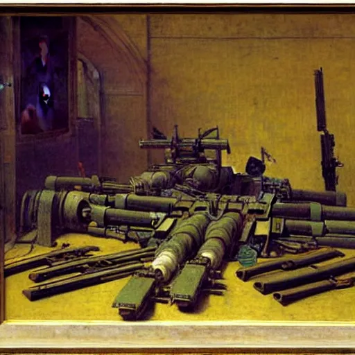 Image similar to Still life of a combat mech surrounded by its weapons, by Henri Fantin-Latour