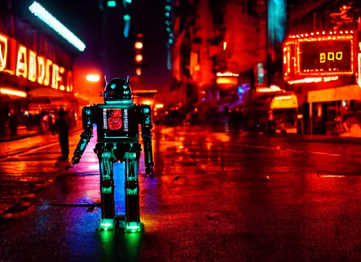 Prompt: a kodachrome photo of a tall huge metallic cyborg droid android with glowing lights, running sprinting on a rainy night in the city in the 1 9 5 0's, seen from a distance, canon 5 0 mm, cinematic lighting, film, photography, award - winning, neon, cyberpunk, blade runner