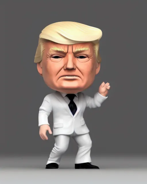 Image similar to full body 3d render of donald trump as a funko pop, studio lighting, white background, blender, trending on artstation, 8k, highly detailed