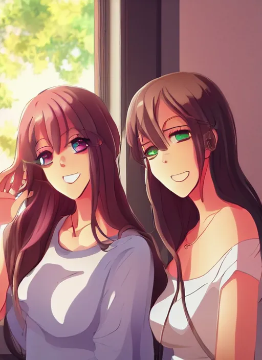 Prompt: two beautiful mothers in a summer home, casual summer clothes, gorgeous faces, thick lines, cinematic lighting, detailed anime art