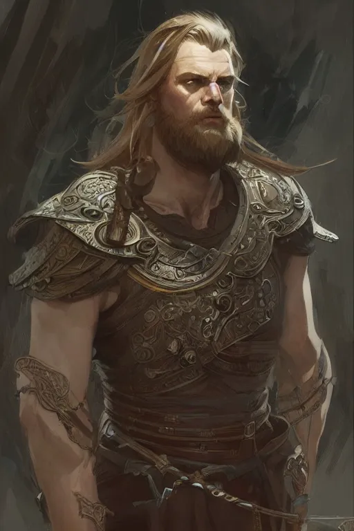 Image similar to male viking, intricate, elegant, highly detailed, digital painting, artstation, concept art, smooth, sharp focus, illustration, art by Krenz Cushart and greg rutkowski and Artem Demura and alphonse mucha