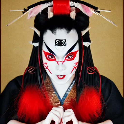 Prompt: an epic portrait of insane kabuki wielding a spear while striking a pose, magical aura of insanity driving beasts insane, intricate hakama, red wig, high energy, dramatic lighting, trending on artstation,