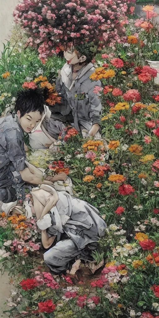 Image similar to oil painting scene from blooming garden by kim jung gi