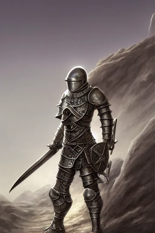 Image similar to crusader in armor standing in moon crater, highly detailed, d & d, fantasy, highly detailed, digital painting, trending on artstation, concept art, sharp focus, illustration, global illumination, ray tracing, realistic shaded, art by artgerm and greg rutkowski and fuji choko and viktoria gavrilenko and hoang lap, sunny