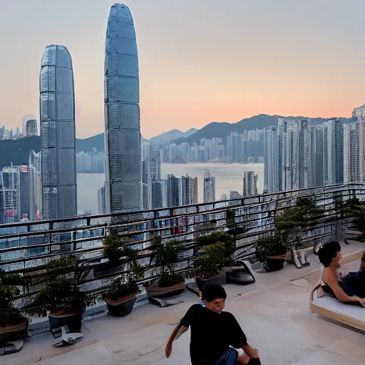 Prompt: a small rooftop with a couple of people sitting and watching the view, wearing black modern clothes, designed by rick owens, messy short hair, modern hong kong is on the background, sunset, by gregory crewdson