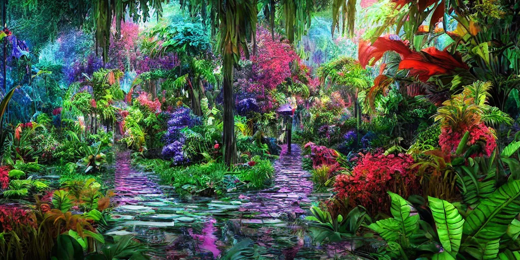 Image similar to An alien jungle, colorful flowers, pathway, reflection, rain, morning light, photorealistic, realistic, high definition, soft light, high definition, detailed, 8k, artstation