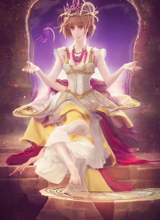 Prompt: a pleasant, beautiful, funny, smooth 3D CG render, semirealistic anime style, a noblepriestess magician girl wearing dress and jewelry, in a glorious magic kingdom, relaxing calm vibes, fairytale