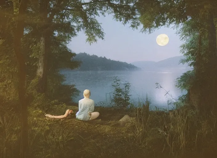Image similar to A watcher, hidden in the forest spies on the young couple in the distance by the lake, view from behind the watcher his vision is slightly obscured by the foliage, moonlight,