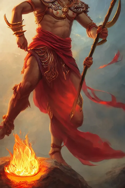 Image similar to a masterpiece portrait of nezha, legendary god holding spear, boy, flame everywhere, epic pose, fantasy character portrait, closeup shot, hyper detailed, digital painting, 8 k realistic, trending on artstation, sharp focus, dof, by fenghua zhong, artgerm, ne zha from smite, jeff easley, raymond swanland