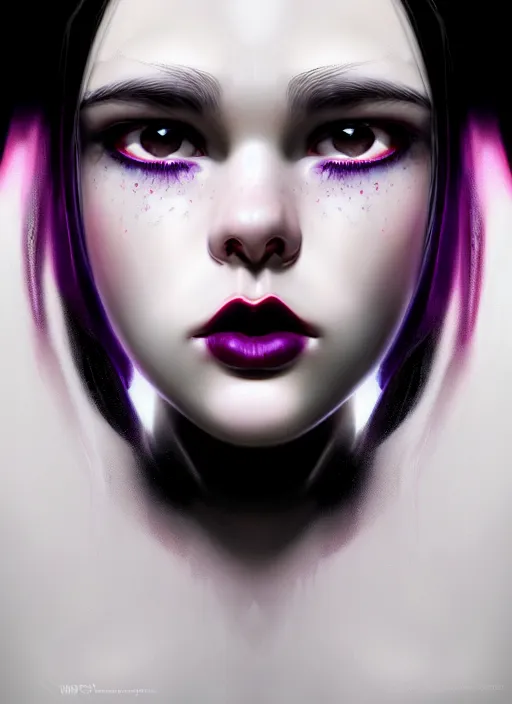 Image similar to portrait of teenage girl, red irises, red eyes, black hair, white bangs, purple lipstick, white bangs, bangs, black hair and white bangs, intricate, elegant, glowing lights, highly detailed, digital painting, artstation, concept art, smooth, sharp focus, illustration, art by wlop, mars ravelo and greg rutkowski