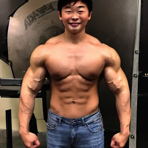 Prompt: byron li, age 1 7, extremely buff, 6 0 0 lbs