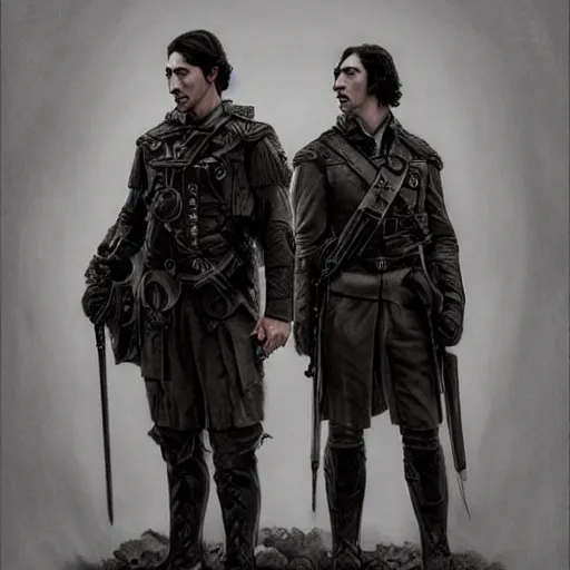 Image similar to portrait of both john oliver and adam driver standing together looking stoic, full body, military uniform, fantasy, intricate, elegant, beautiful, highly detailed, charcoal, centered, dark, smokey, digital painting, artstation, concept art, smooth, sharp focus, illustration, art by artgerm and greg rutkowski and alphonse mucha