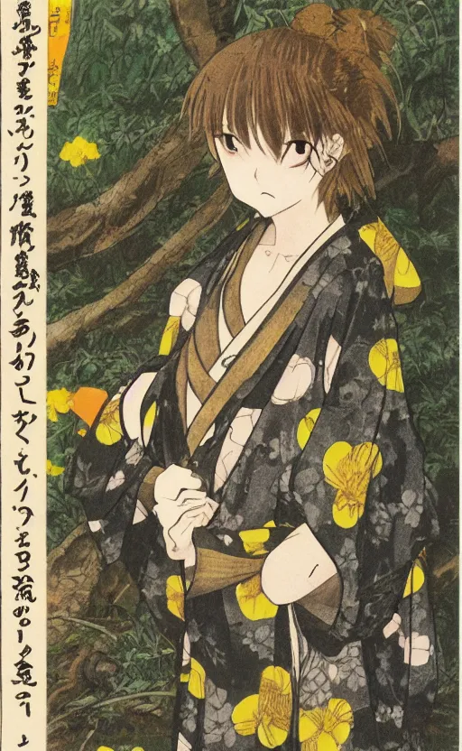 Image similar to by akio watanabe, manga art, medium size boar is curios about girl with brown hair sitting in forest, yellow eyes, trading card front, kimono, realistic anatomy