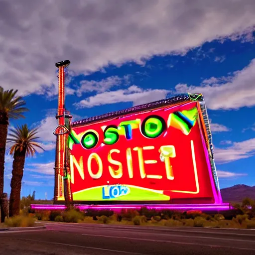 Prompt: a photo of a giant, neon billboard, on the outskirts of las vegas, that says no.