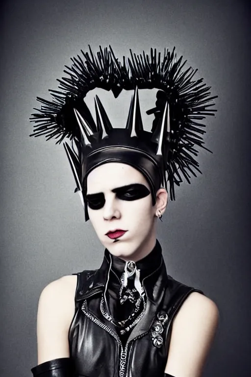 Image similar to a non - binary kenyan teenager in a black leather outfit with spikes on her head, a high fashion character portrait by christen dalsgaard, featured on behance, gothic art, androgynous, genderless, gothic