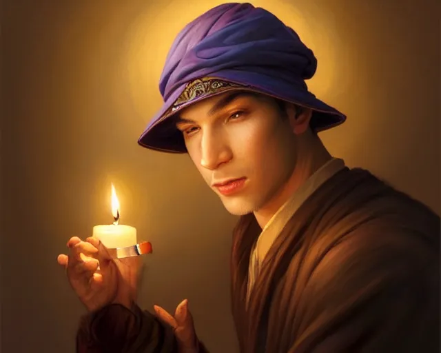 Prompt: a mind - blowing portrait of a fortune seeker male, holding a candle, wearing a sleeping cap, joyful, d & d, fantasy, intricate, elegant, highly detailed, digital painting, artstation, concept art, matte, sharp, illustration, hearthstone, art by artgerm and greg rutkowski and alphonse mucha