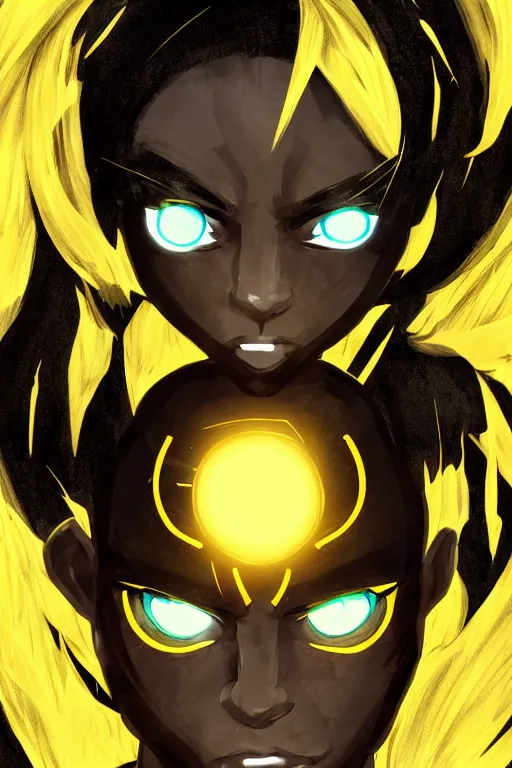 Image similar to glowing black male anime character, golden hair, yellow eyes, symmetrical, highly detailed, digital art, sharp focus, trending on art station, crazy hair, electricity superpowers, anime art style