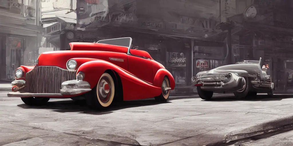 Image similar to front picture of one single 1952 red convertible car as a grand theft auto 5 loading screen, front view, intricate, studio, art by anthony macbain + greg rutkowski + alphonse mucha, concept art, 4k, sharp focus