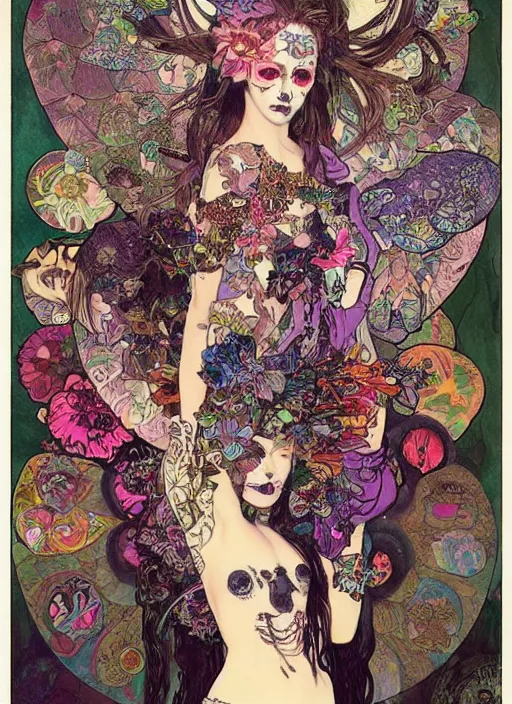 Prompt: cute punk goth fashion fractal Día de los Muertos tattooed girl posing among alien butterflies, psychedelic poster art of by Victor Moscoso Rick Griffin Alphonse Mucha Gustav Klimt Ayami Kojima Amano Charlie Bowater, masterpiece
