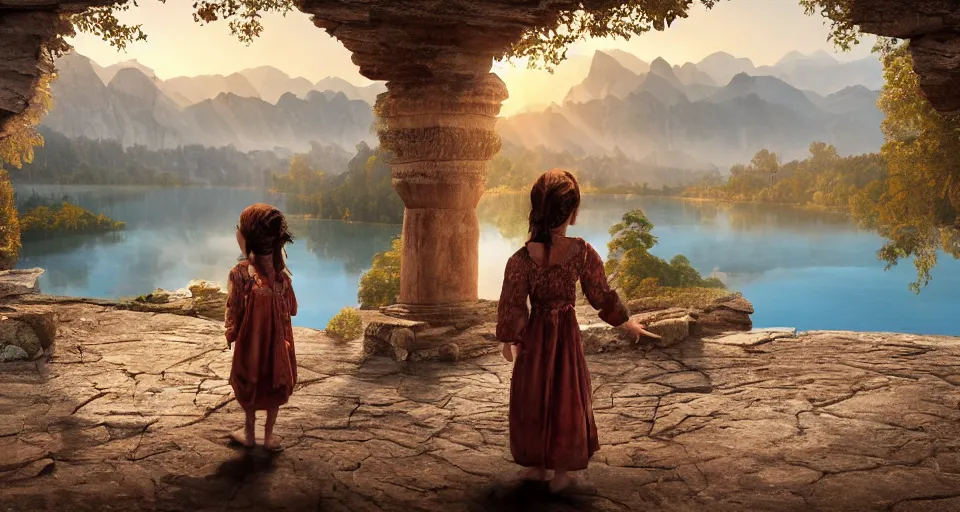 Image similar to spectacular ancient little girl with rugs standing on the edge of the beautiful lake. morning time an amazingly beautiful scene. beautiful lighting, 4 k post - processing, trending in art station, cg society, highly detailed, 5 k extremely detailed, 3 d. cinematic scene.