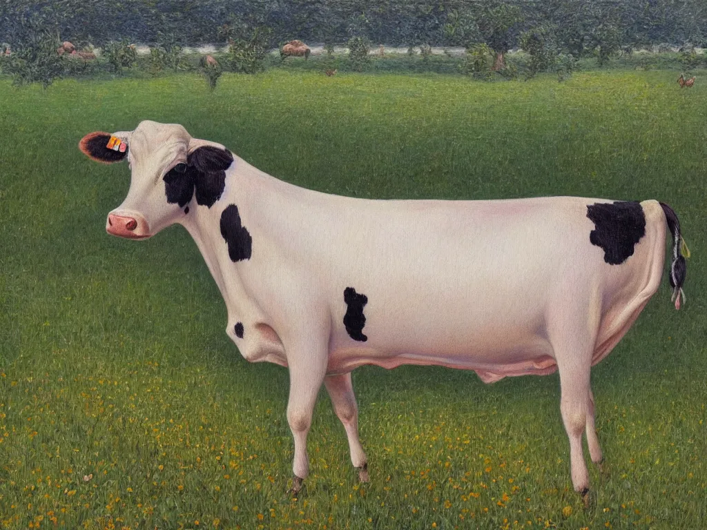 Prompt: a detailed painting of cow doing the downward facing dog yoga pose in a beautiful farm field, aesthetically pleasing and harmonious natural colors, art by tiffany bozic, impressionism, detailed