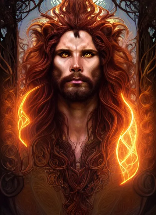 Prompt: portrait of demigod hercules, long wavy auburn hair, lion mane, glowing eyes, volumetric lights, forest, art nouveau botanicals, gothic, intricate, highly detailed, digital painting, artstation, concept art, smooth, sharp focus, symmetric face, illustration, steampunk, art by artgerm and greg rutkowski and alphonse mucha