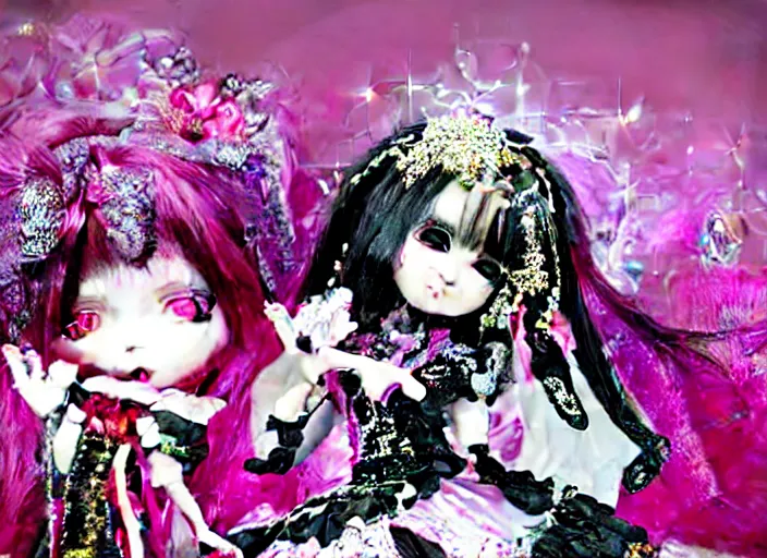 Image similar to baroque bedazzled gothic royalty frames surrounding a pixelsort emo demonic horrorcore japanese beautiful fairy kei doll, sharpened early computer graphics, remastered chromatic aberration